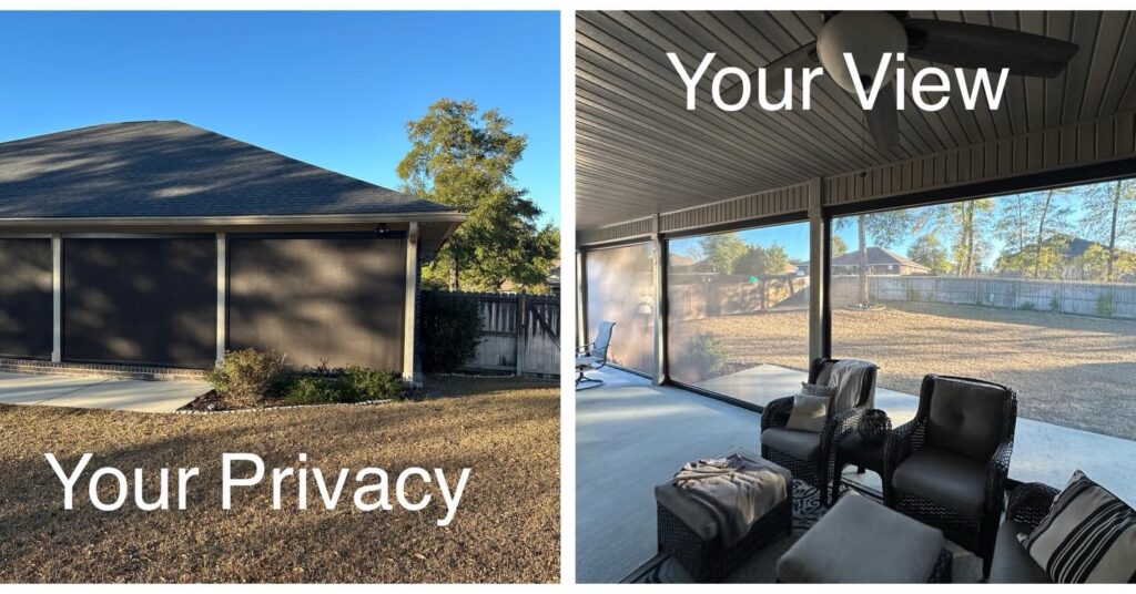 Side-by-side images: left shows a house with screened windows labeled Your Privacy; right shows a covered patio with chairs and a ceiling fan, looking out onto a yard, labeled Your View.