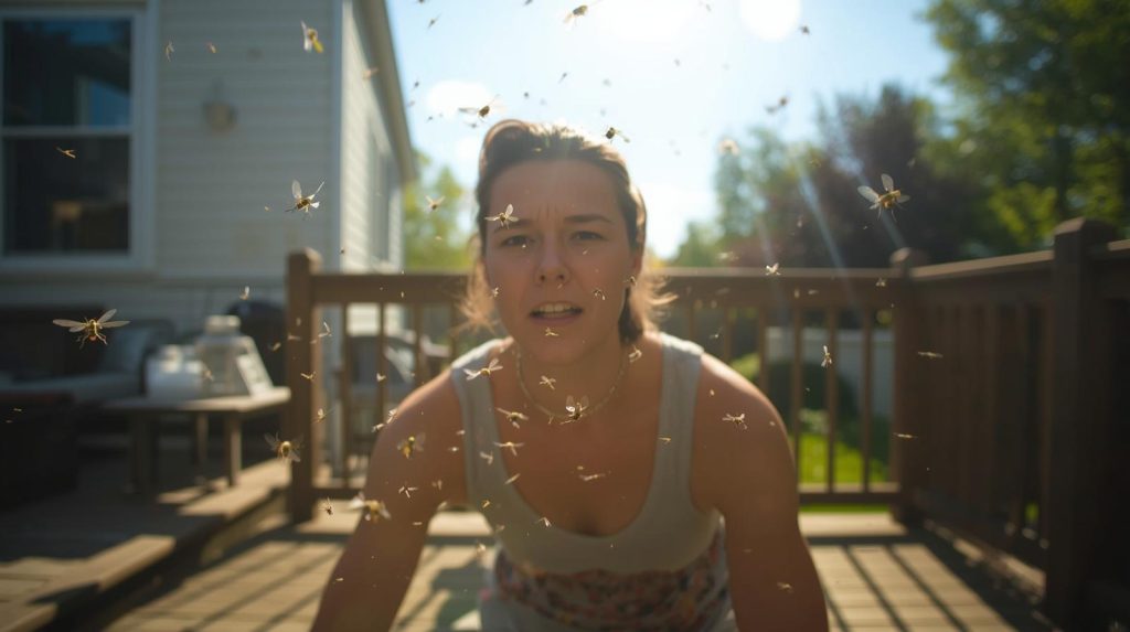 A person on a sunlit wooden deck looks concerned as a swarm of flying insects gathers around their face, with a house and green trees in the background.