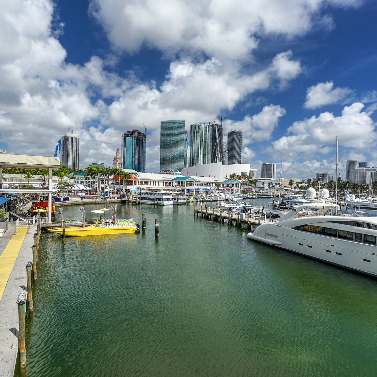 A marina with yachts and boats docked along the water, bordered by city buildings under a blue sky with white clouds. People walk along the waterfront, and a yellow boat is near the pier.