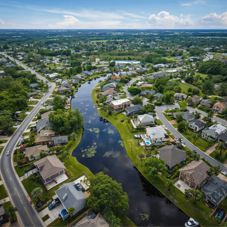 Aerial view of a Parrish Florida neighborhood with houses lining a winding waterway, green lawns, trees, and roads, under a partly cloudy blue sky.