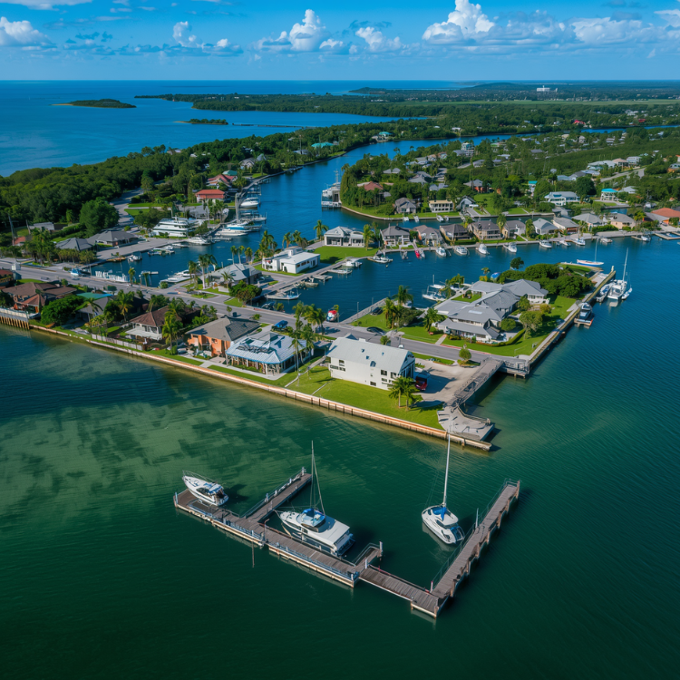 Aerial view of a waterfront Port Charlotte Florida neighborhood with houses, docks, and boats on clear blue-green water, surrounded by lush greenery and small islands under a partly cloudy sky.