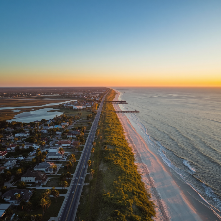 Aerial view of a Ruskin Florida sunrise with houses on the left, a road running parallel to the shoreline, green vegetation, sandy beach, and calm ocean waves on the right. Docks extend into the water.
