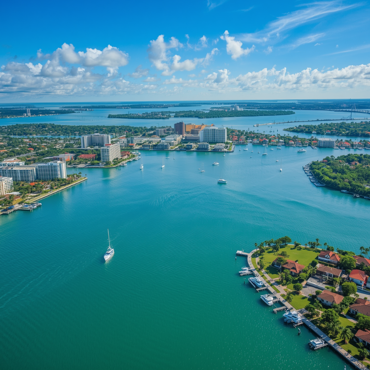 Aerial view of Sarasota FL with turquoise water, boats, waterfront buildings, and lush green islands under a bright blue sky with scattered clouds.