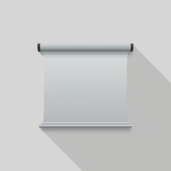 A blank white pull-down projector screen with a black rod at the top, against a light gray background, casting a long diagonal shadow to the right.