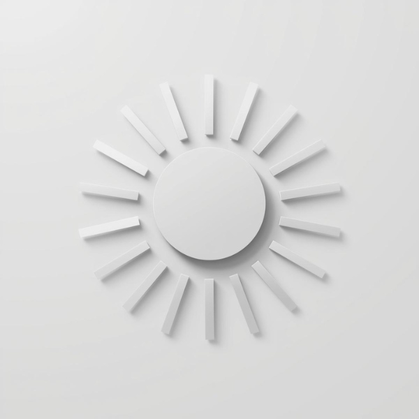 A minimalist white sun icon with a central circle and evenly spaced rectangular rays extending outward, all set against a plain white background.