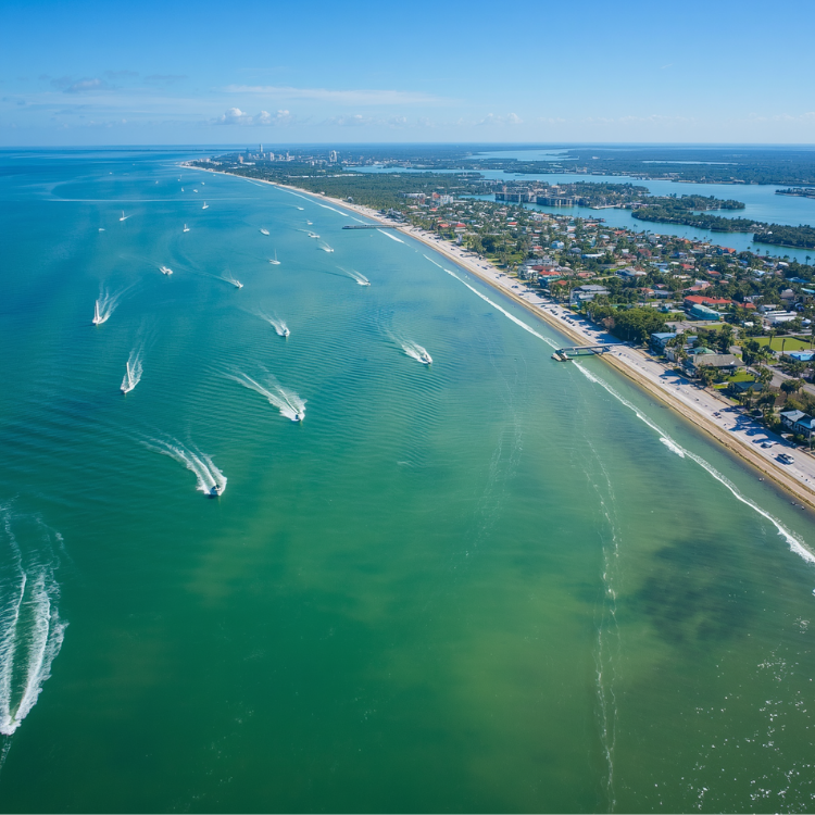Aerial view of a long, curving coastline in Tampa Florida with clear blue-green water, several boats leaving white trails, and a coastal city with houses and buildings alongside the beach under a bright blue sky.