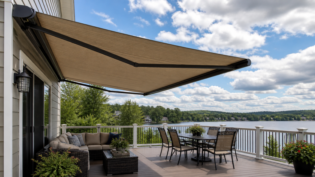 Retractable patio awning fully extended over a wooden deck providing shade and weather protection on a partly cloudy afternoon