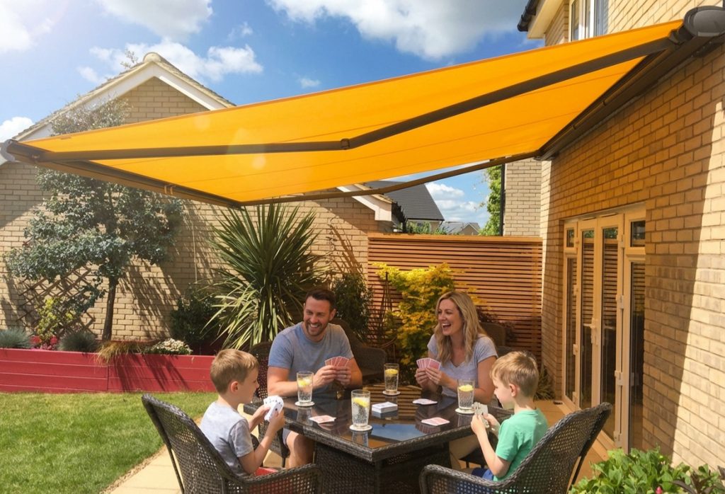Family relaxing on a shaded Bradenton patio under a motorized SunPro retractable awning